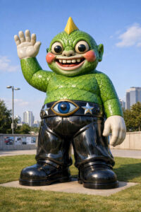 Eine große grüne Fantasiefigur mit Schuppenhaut steht auf einer Rasenfläche. Sie winkt freundlich und trägt einen Gürtel mit einem großen Auge als Symbol. Die Stiefel sind schwarz und glänzend, der Gesichtsausdruck zugleich fröhlich und unheimlich. Hochhäuser ragen im Hintergrund auf. Das Bild erinnert an eine Mischung aus Maskottchen und Mythengestalt.