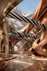 Geschwungene, ornamentierte Strukturen aus Metall und Stein überkreuzen sich im Raum. Schwarze und helle Streifen ziehen sich durch die Architektur. Licht reflektiert auf einem glatten Boden. Die Szene vermittelt Ordnung, Bewegung und räumliche Tiefe.