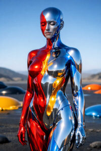 Eine elegante, humanoide Figur steht ruhig in einer offenen Landschaft. Der Körper ist aus spiegelndem Metall geformt und in Rot-, Blau- und Goldflächen unterteilt. Die glatte Oberfläche reflektiert Himmel und Umgebung. Das Bild strahlt Klarheit, Balance und stille Selbstkontrolle aus.