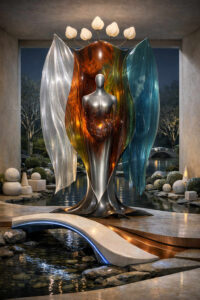 Eine elegante, abstrakte Skulptur in Menschengestalt steht in einem ruhigen Innenhof mit Wasserlauf. Transparente Flügel in Silber, Bernstein und Blau umgeben die Figur. Ein warmes Licht scheint aus ihrem Inneren. Über ihr schwebt eine Leuchtenstruktur wie eine Krone. Die Szene wirkt friedlich, sakral und ausgleichend.