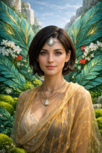 Eine Frau mit kurzen dunklen Haaren steht frontal vor einer üppigen, grünen Landschaft. Blattartige Flügel breiten sich symmetrisch hinter ihr aus. Schmuck und Stoffe schimmern in Goldtönen. Das Bild vermittelt Anmut, Ruhe und eine naturverbundene Würde.