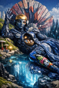 Eine riesenhafte, liegende Gestalt aus Stein und Metall dominiert eine fantastische Landschaft mit Wasserfall und Felsen. In ihrem geöffneten Brustraum befinden sich kleine Figuren, die von warmem Licht umgeben sind. Farben, Materialien und Maßstäbe wechseln zwischen monumental und intim. Die Szene wirkt wie eine mythische Allegorie auf Schutz, Ursprung und Macht.