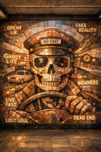 Ein großes Mosaik zeigt einen Totenkopf hinter einem Lenkrad. Über ihm steht das Schild „NO EXIT“. Umgeben ist er von Schlagworten wie „DREAM LIE“, „FAKE REALITY“, „GHOST LIFE“, „LIVE FAST“, „LOST SOUL“ und „DEAD END“. Risse durchziehen die Steinoberfläche, warmes Licht betont die einzelnen Begriffe. Das Bild wirkt wie eine visuelle Warnung vor einer existenziellen Sackgasse.