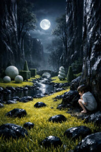 Ein kleines Kind sitzt zusammengekauert am Ufer eines schmalen Bachs in einer nächtlichen Felslandschaft. Der Vollmond beleuchtet geschnittene Sträucher und kugelförmige Skulpturen, die wie Teil eines fremden Gartens wirken. Ein kleiner Steinbogen überspannt den Bach im Hintergrund. Die Szene ist ruhig und melancholisch. Einsamkeit und Schutzlosigkeit stehen im Vordergrund.