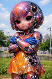 Kindliche Hüterin aus einer anderen Zukunft Alt-Text: Eine puppenhafte, humanoide Figur mit großen Augen steht auf einer grünen Wiese vor einer urbanen Kulisse. Ihr Körper besteht aus schillerndem, futuristischem Material in warmen und kalten Farbtönen. Die verschränkten Arme verleihen ihr eine selbstbewusste, leicht trotzig wirkende Haltung. Das Bild verbindet Niedlichkeit mit fremdartiger Technologie.