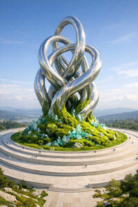 Eine monumentale, glänzende Skulptur windet sich wie ein metallischer Knoten in den Himmel. Sie steht auf einem begrünten Sockel, umgeben von Kristallstrukturen. Kleine Menschen wirken winzig im Vergleich zur Form. Das Bild vermittelt Ordnung, Komplexität und kollektive Betrachtung.