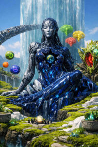 Eine humanoide, metallische Figur sitzt meditierend in einer üppigen Landschaft vor einem mächtigen Wasserfall. In ihrer Brust schwebt ein leuchtender Planet, umgeben von geometrischen Strukturen. Kleine Menschenfiguren versammeln sich ehrfürchtig im Vordergrund. Die Szene verbindet Spiritualität, Technologie und kosmische Symbolik.