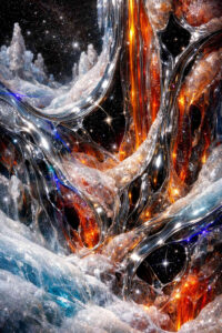 Abstrakte Formen aus flüssigem Metall und kristallinem Eis durchziehen eine sternenübersäte Dunkelheit. Glühende orangefarbene Adern stehen im Kontrast zu kühlen, silbrig-blauen Flächen. Die Strukturen wirken organisch und technisch zugleich. Die Szene erinnert an eine fremde Materie jenseits bekannter physikalischer Gesetze.