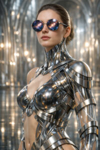 Eine humanoide Frau mit hochglänzendem, metallischem Körper steht in einem lichtdurchfluteten, futuristischen Raum. Sie trägt eine Sonnenbrille, in deren Gläsern Galaxien und Sterne reflektiert werden. Ihr Gesicht wirkt ruhig und selbstbewusst, während transparente und mechanische Strukturen Hals und Oberkörper durchziehen. Die Szene verbindet menschliche Eleganz mit futuristischer Technologie.