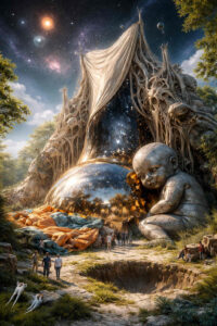 Eine zeltartige Konstruktion aus knochenähnlichen Strukturen öffnet sich zum Sternenhimmel. Im Inneren spiegelt eine glänzende Kugel die Umgebung. Menschen stehen staunend davor, während eine riesige steinerne Kinderfigur daneben ruht. Die Szene vermittelt Staunen, Verletzlichkeit und kollektive Neugier.