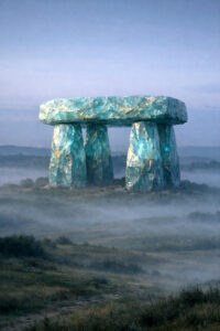 Eine monumentale Steinformation erinnert an einen Dolmen aus blaugrün schimmerndem Kristall. Nebel liegt über der weiten Landschaft und dämpft die Farben. Goldene Einschlüsse durchziehen das Material. Der Ort wirkt rituell, zeitlos und fern menschlicher Zivilisation.