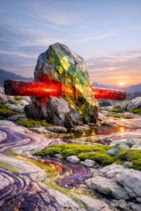 Ein monumentaler Felsen wird von einem leuchtenden roten Balken durchstoßen und von grünlich schimmerndem Kristall überzogen. Farbige Ströme ziehen sich wie geschmolzenes Mineral durch die Landschaft. Wasser und Gestein spiegeln das Licht des Sonnenuntergangs. Das Bild wirkt wie ein archaisches Symbol zwischen Naturgewalt und metaphysischem Zeichen.