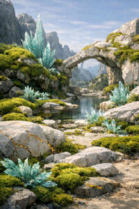 Eine ruhige Landschaft mit Felsen, Moos und einem klaren Fluss erstreckt sich unter hellem Himmel. Große, türkisfarbene Kristalle wachsen aus dem Boden und zwischen den Steinen. Eine alte Steinbrücke überspannt das Wasser. Die Szene wirkt unberührt und harmonisch. Natur und Fantasie verschmelzen zu einer friedlichen Vision.