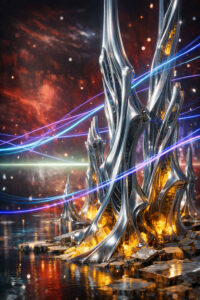 Eine hohe, metallisch wirkende Strukturen ragen aus einer spiegelnden Wasserfläche. Goldene Glut leuchtet im Inneren der Formen. Farbige Lichtlinien durchziehen die Luft wie Energiebahnen. Die Szene erinnert an eine technologische Landschaft jenseits der Erde.