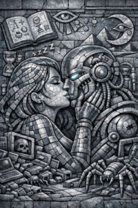 Eine Frau küsst einen kybernetischen Humanoiden in einer steinernen Mosaikdarstellung. Um sie herum erscheinen Symbole wie Augen, Bücher, Sanduhren und technische Fragmente. Der Stil erinnert an eine monumentale Wandarbeit. Menschliche Nähe trifft auf kalte Mechanik. Liebe und Technologie werden als unauflöslich verbunden gezeigt.