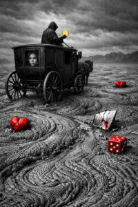 Eine dunkle Kutsche fährt durch eine öde, rissige Landschaft unter schwerem Himmel. Ein Vermummter hält eine goldene Münze, während rote Symbole wie Herz und Würfel im Vordergrund liegen. Schwarz-Weiß-Dominanz verstärkt die dramatische Wirkung. Schicksal, Zufall und Verlust werden visuell miteinander verknüpft.
