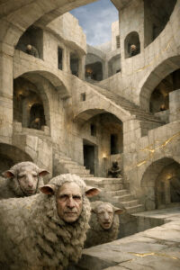 Eine monumentale, verschachtelte Steinarchitektur öffnet sich in Bögen, Treppen und Ebenen. In den Vordergrund ragen drei Schafe mit menschlichen Gesichtern, die den Betrachter direkt ansehen. Weitere Figuren beobachten aus den oberen Öffnungen das Geschehen. Die Szene wirkt surreal, rätselhaft und leicht unheimlich.