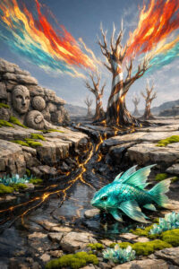 Glühende Linien durchziehen einen felsigen Boden, aus dem nackte Bäume aufragen. Farbige Energie breitet sich fächerförmig über den Himmel aus. Ein türkisfarbener Fisch ruht im Vordergrund. Das Bild verbindet Ruhe, Spannung und elementare Gegensätze.