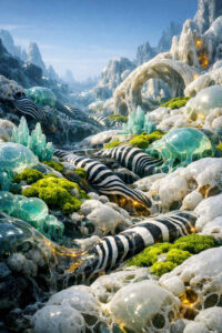 Organische, glasartige Strukturen bedecken eine hügelige Landschaft. Schwarz-weiße Linien verlaufen wie Ströme durch das Gelände. Kristalle und Moos setzen farbige Akzente. Das Bild wirkt fremdartig, weich und zugleich präzise.