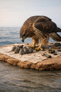 Ein großer Greifvogel steht auf einer Steinplatte und blickt auf mehrere kleine Mäuse, die um Baupläne versammelt sind. Mechanische Teile und Werkzeuge liegen verstreut auf der Oberfläche. Im Hintergrund öffnet sich das Meer unter ruhigem Himmel. Bedrohung, Wissen und fragile Ordnung treffen in einer surrealen Szene aufeinander.