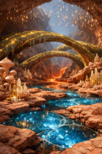 Eine kleine, kindliche Figur aus dunklem Stein steht einer großen spiralförmigen Steinskulptur gegenüber. Beide befinden sich in einer felsigen Landschaft. Feine goldene Linien leuchten im Boden zwischen ihnen. Die Szene vermittelt Neugier, Unsicherheit und stilles Staunen.