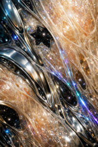Abstrakte, fließende Metallformen verschmelzen mit transparenten, lichtdurchlässigen Schichten. Feine Sterne und Farbsplitter scheinen im Inneren der Strukturen zu schweben. Die Oberflächen wirken glatt, gespannt und in Bewegung eingefroren. Das Bild erzeugt einen Eindruck von Tiefe und stiller Energie.
