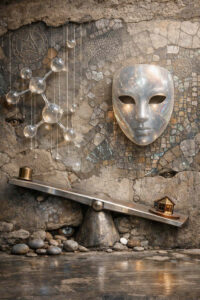 Eine steinerne Wand zeigt eine schwebende, durchscheinende Maske mit ruhigem Gesichtsausdruck. Daneben hängt eine molekülartige Struktur aus Glas. Im unteren Bereich balanciert eine Waage mit Steinen auf der einen und einem kleinen Haus auf der anderen Seite. Mehrere Augen sind in die Wand eingelassen und scheinen zu beobachten. Das Bild thematisiert Erkenntnis, Maß und verborgene Beobachtung.