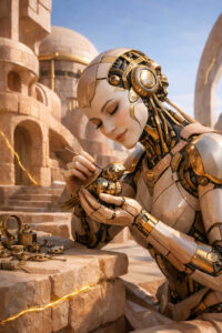 Eine humanoide Androidin repariert behutsam einen kleinen mechanischen Vogel. Goldene Zahnräder, Werkzeuge und feine Drähte liegen auf einem steinernen Tisch. Monumentale Architektur erhebt sich im warmen Licht des Himmels. Die Szene wirkt ruhig, konzentriert und liebevoll. Technik erscheint hier als etwas Sanftes und Bewahrendes.