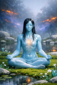 Eine blauhäutige Figur sitzt meditierend im Lotussitz in einer idyllischen Naturkulisse. In der Brust leuchtet ein warmes Licht, das sich sanft im Wasser und in der Umgebung spiegelt. Nebel, Felsen und Vegetation erzeugen eine ruhige, fast sakrale Atmosphäre. Die Szene vermittelt inneren Frieden, spirituelle Konzentration und sanfte Transzendenz.