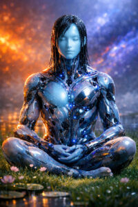 Eine androgyne, kybernetische Gestalt sitzt im Lotussitz auf einer Wiese mit kleinen Blumen. Der Körper wirkt metallisch und ist von feinen Lichtpunkten durchzogen. Im Hintergrund treffen warme, feurige Farben auf kühle, kosmische Blautöne. Die Szene strahlt Ruhe, Konzentration und transzendente Balance aus.