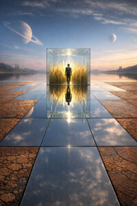 Eine alleinstehende Figur schreitet durch einen transparenten Würfel voller goldener Pflanzen. Der Boden spiegelt Himmel und Landschaft wie ein perfekter Spiegel. Planeten schweben am Horizont einer ruhigen, offenen Welt. Innen und Außen, Freiheit und Begrenzung stehen in stiller Spannung.