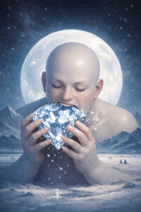 Eine riesige kahlköpfige Frau steht vor einem leuchtenden Vollmond hält einen riesigen Diamanten an den Mund, als würde sie ihn essen. Funkelnde Splitter fallen herab und verbinden Körper, Eislandschaft und Nachthimmel. Die Szene wirkt still, entrückt und zugleich archaisch. Menschliche Verletzlichkeit und kosmischer Reichtum verschmelzen zu einem mythischen Moment.