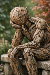 Eine menschenähnliche Figur aus grober Baumrinde sitzt zusammengesunken auf einer Steinbank. Der Kopf ruht schwer auf der Hand, der Körper wirkt erschöpft und verwittert. Moos und natürliche Texturen überziehen die Oberfläche. Das Bild vermittelt Melancholie, Alter und stilles Verharren.