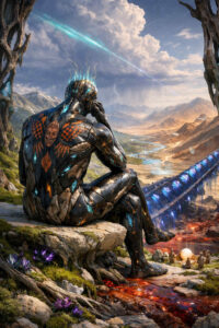 Eine humanoide, metallisch wirkende Gestalt sitzt auf einem Felsen und blickt über eine weite, fremdartige Landschaft. Flüsse, Berge und leuchtende Strukturen durchziehen das Tal unter einem dramatischen Himmel. Der Körper scheint Technologie und Kunst zu vereinen. Die Szene strahlt Einsamkeit, Größe und philosophische Tiefe aus.