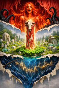Eine flammende weibliche Gestalt erhebt sich aus einem aufgerissenen Boden, in dessen Zentrum ein Schädel erscheint. Oberhalb liegt ein friedlicher Friedhof, unterhalb ein blitzdurchzogener Abgrund. Feuer, Wasser und Erde treffen in einer vertikalen Komposition aufeinander. Die Szene wirkt wie ein mythologisches Sinnbild für Schuld, Opfer und Erneuerung.