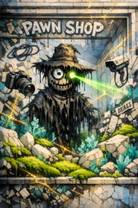 Eine düstere, gemalte Gestalt mit Hut steht vor der Fassade eines Pawn Shops. Kameras und technische Geräte richten ihre Aufmerksamkeit auf die Figur. Ein grüner Laserstrahl geht von einem Auge aus und durchschneidet den Raum. Die Szene thematisiert Kontrolle, Handel und permanente Beobachtung.