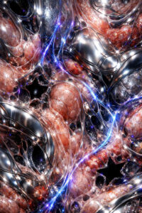Eine dichte, abstrakte Komposition zeigt verschlungene metallische Oberflächen mit organischen Einschlüssen. Elektrisch blaue Lichtlinien durchziehen das Bild wie neuronale Impulse. Zwischen glänzenden Strukturen öffnen sich dunkle, kosmisch wirkende Hohlräume. Das Motiv evoziert den Eindruck eines lebendigen Universums im Inneren.