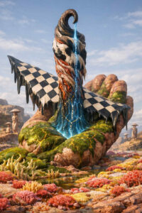 Eine riesige steinerne Hand ragt aus der Landschaft empor und trägt eine fließende Wasserquelle. Blau leuchtendes Wasser strömt aus einer verdrehten Form nach unten. Die Umgebung ist farbenreich und surreal, mit korallenartigen Pflanzen. Alles wirkt zugleich monumental und fragil.