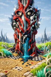 Eine hohe, maskenhafte Struktur steht in einer offenen Landschaft. Aus einer Öffnung fließt leuchtend blaues Fluid mit eingravierten Symbolen. Der Boden ist mit Spielkarten und Kreisornamenten bedeckt. Das Bild wirkt wie ein technomystischer Altar.