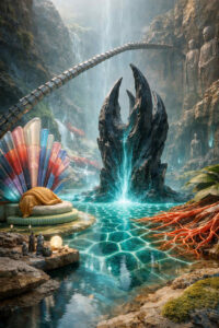 In einer felsigen Schlucht erhebt sich eine dunkle, spitz zulaufende Struktur aus einem türkis leuchtenden Gewässer. Elektrisch wirkende Linien durchziehen die Wasseroberfläche. Links ruht eine fächerförmige Skulptur auf einer Plattform, während kleine Figuren an einer Lichtquelle stehen. Wasserfälle, Wurzeln und Steinfiguren im Hintergrund verstärken den mythischen Charakter des Ortes.