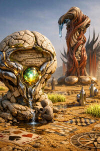 Ein steinernes Gebilde mit einem leuchtenden Kern gibt Wasser ab, das von einer kleinen Figur gesammelt wird. In den Stein sind Textfragmente eingelassen, die auf individuelle Weltsicht verweisen. Im Hintergrund ragt eine organisch-technische Säule empor. Die Landschaft wirkt symbolisch, ruhig und philosophisch aufgeladen.