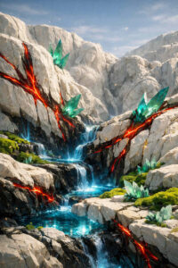 Ein Wasserlauf fließt durch helle Felsen, aus denen menschliche Figuren herausgearbeitet sind. Leuchtende Kristalle und glühende Risse durchziehen das Gestein. Wasserfälle verbinden die Ebenen der Landschaft. Die Szene wirkt mythisch, ruhig und zeitlos.