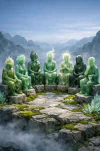 Mehrere grüne, jadeartige Figuren sitzen im Kreis auf steinernen Sitzen. Jede Gestalt hat eine eigene Haltung und Ausstrahlung. Nebel umgibt die Szene, während Berge im Hintergrund verschwimmen. Die Anordnung erinnert an eine philosophische oder spirituelle Versammlung.