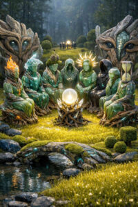 Eine Gruppe humanoider Wesen aus Holz, Stein und Moos sitzt im Kreis um eine leuchtende Kugel. Die Figuren wirken wie Naturgeister mit unterschiedlichen Symbolen, Flammen, Masken und Kronen. Ein kleiner Bach und eine Steinbrücke im Vordergrund verstärken die märchenhafte Atmosphäre. Im Hintergrund stehen monumentale steinerne Gesichter wie stille Wächter. Warmes Licht und sattes Grün erzeugen eine sakrale, ruhige Stimmung.