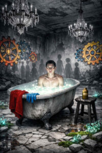 Ein Mann sitzt in einer alten Badewanne, gefüllt mit leuchtender Flüssigkeit, in einem verfallenen Raum. Zahnräder und Schattenfiguren an den Wänden deuten auf mechanische und mentale Prozesse hin. Das Licht scheint aus dem Wasser selbst zu kommen. Die Szene wirkt gleichzeitig intim und surreal. Das Bild thematisiert Selbstreinigung und Transformation.
