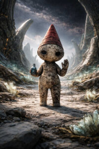 Eine kleine steinerne Figur mit roter Zipfelmütze steht in einer kargen Felslandschaft. In einer Hand hält sie ein kleines Fläschchen, die andere ist zum Gruß erhoben. Kristallartige Gebilde wachsen aus dem Boden ringsum. Der Himmel wirkt weit und fremdartig. Das Bild vermittelt Einsamkeit, Neugier und leise Hoffnung.