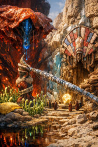 Eine monumentale, rot glühende Struktur tropft blaue Energie in eine steinerne Vorrichtung. Eine Gruppe von Menschen versammelt sich um eine leuchtende Kugel. Pflanzen, Kristalle und Felsformationen rahmen die Szene ein. Das Bild vermittelt den Eindruck eines uralten, technisch-mystischen Rituals.