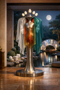 Eine schlanke Skulptur zeigt eine humanoide Figur von hinten, umhüllt von durchscheinenden Stoffbahnen. Mehrere kleine Lichtquellen krönen den Kopf wie eine stilisierte Aura. Im Hintergrund spiegelt sich der Mond im Wasser eines Gartens. Die Atmosphäre ist still, kontemplativ und leicht entrückt.