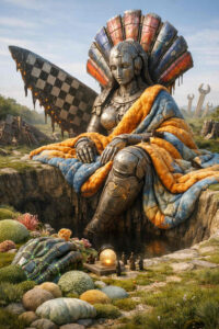 Eine große, sitzende Statue aus Metall ruht am Rand einer steinernen Schlucht. Sie ist in eine dicke, orange-blaue Decke gehüllt und blickt ruhig in die Ferne. Im Vordergrund stehen kleine Figuren um eine leuchtende Kugel versammelt. Die Umgebung aus Pflanzen, Werkzeugfragmenten und Architektur vermittelt eine stille, fast sakrale Atmosphäre.