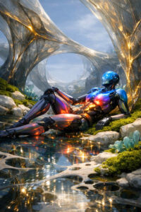Ein humanoider Roboter liegt entspannt am Rand eines klaren Gewässers in einer fremdartigen Landschaft. Um ihn herum wachsen kristalline Formationen und organische Bögen aus lichtdurchlässigem Material. Die Farben changieren zwischen Metallglanz und warmem Leuchten. Technik wirkt hier nicht kalt, sondern kontemplativ. Das Bild vermittelt Gelassenheit und Zukunftsharmonie.